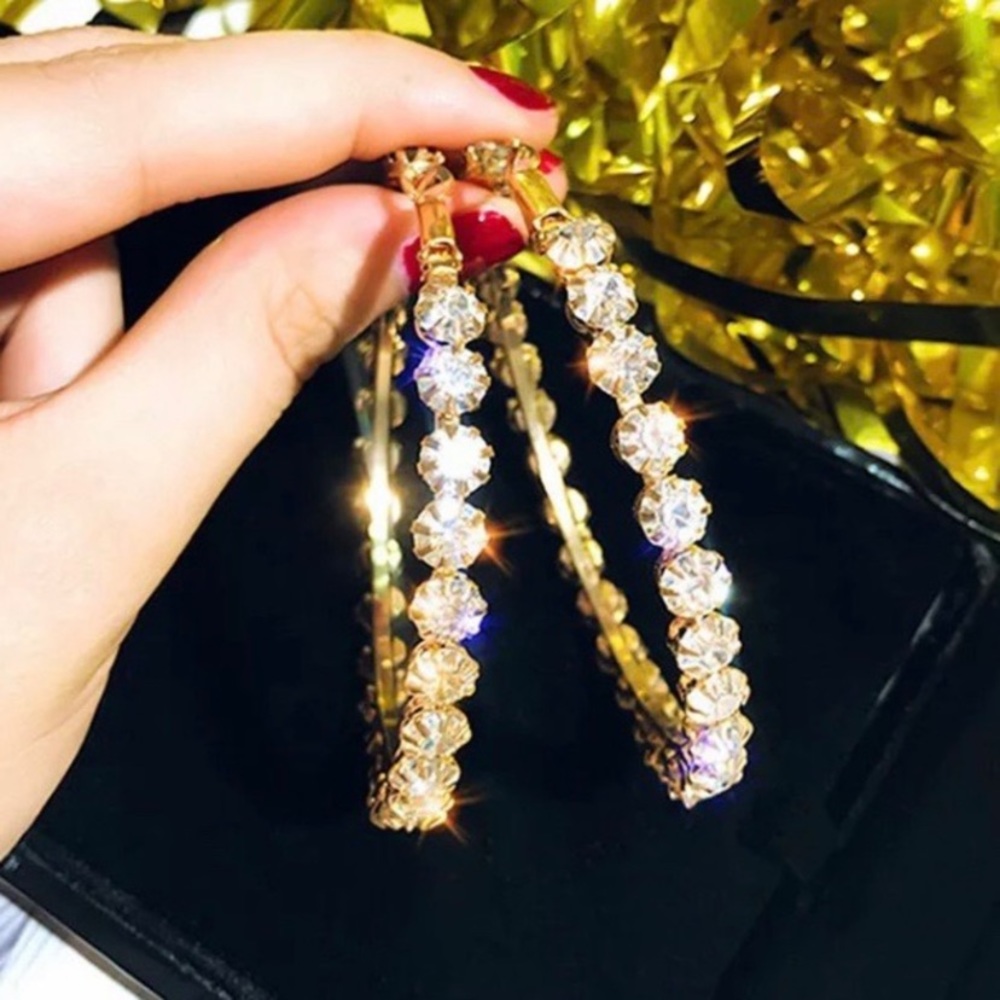 NEW 18k Gold Plated Diamond Hoop Earrings - Picture 1 of 5